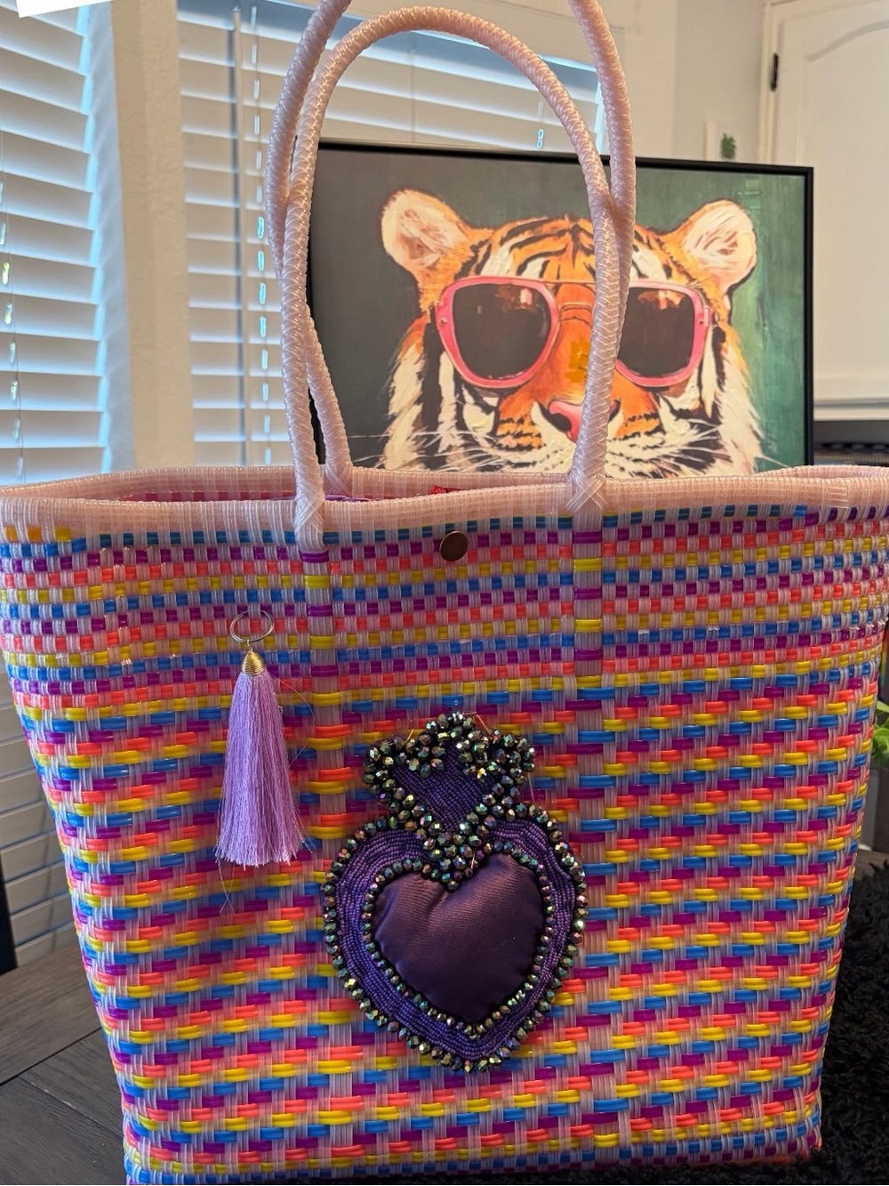 Colorful Woven Heart Tote Bag with Tassel - Pink & Multicolor